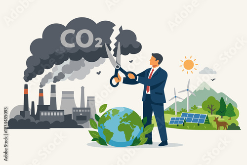 Businessman cutting CO2 emissions cloud with scissors, transitioning from industrial factory pollution to clean renewable energy with solar panels and wind turbines for global sustainability.