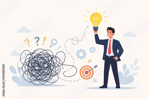 Businessman holding a glowing lightbulb as a symbol of finding a creative solution to a complex problem. Concept of innovation, strategy, and clarity after untangling a difficult business challenge.