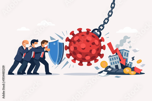 Businessmen in Face Masks Holding Shield to Protect Economy from Coronavirus Wrecking Ball, Financial Crisis Concept with Market Crash, Economic Stimulus and Business Resilience during Pandemic