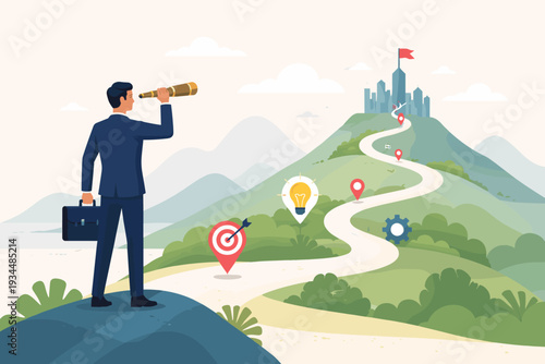 Businessman with telescope looking at city on mountain peak, representing career development, project milestones, business strategy, goal setting, success journey, and visionary leadership.