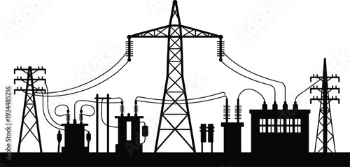 Black silhouette illustration of electrical power substation and transmission towers, transformers, circuit breakers, energy grid infrastructure, electricity distribution vector design