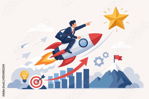 Businessman riding a rocket towards a golden star, representing success, achievement, and rapid business growth. Concept of leadership, reaching targets, career development, and winning challenges.