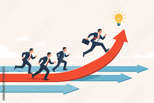Businessman taking initiative by running on a rising red arrow towards a glowing light bulb idea while others follow flat paths, concept of innovation, leadership, creativity, and business success.