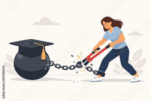 Young woman cutting chain of heavy ball with graduation cap, representing student loan debt forgiveness, paying off education expenses, financial freedom, and reducing college fees concept.