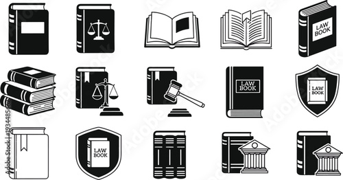 Law Book and Legal Justice System Icons Set with Gavel and Scales of Justice