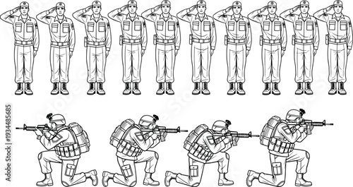 Black and white outline vector set of soldiers saluting and kneeling with rifles in detailed military poses