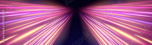 Brilliant neon waves sweep through a shadowy space, glowing with electric intensity. Motion lines blur into a seamless stream of light. A powerful visual of high-speed momentum.