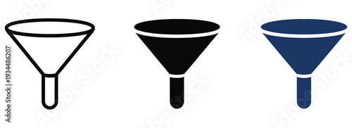 Funnel flat vector icon, suitable for apps and websites, featuring both outline and solid styles, representing a filter or sorting function, isolated on white background for and digital interfaces.