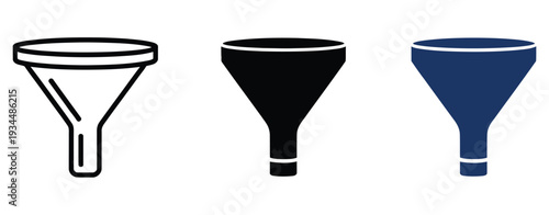 Filter and funnel vector icon, minimal design of a classic funnel shape in linear and filled styles, ideal for web, mobile apps, dashboards, and data management tools.