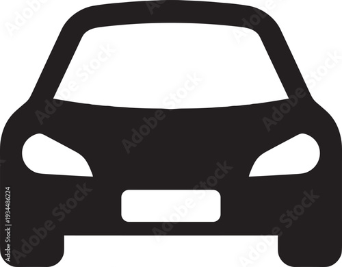Front view car icon vector illustration, minimalist black sedan silhouette symbol for automotive transport, vehicle web sign isolated on white background, flat travel logo