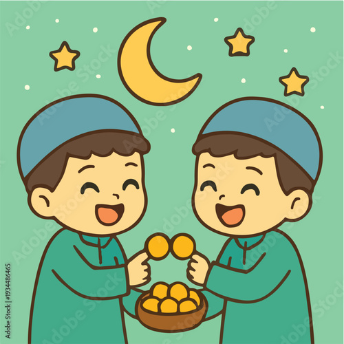 Little twins in blue caps giving each other mirror Eidi, laughing, moonlit night, mint green tones, super cute chibi vector.