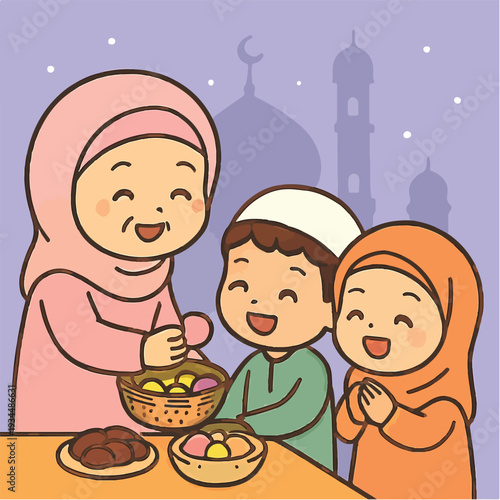 Grandma in pink shalwar kameez distributing misi to children