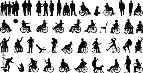 Black silhouette collection of diverse people and wheelchair users for disability inclusion accessibility social community empowerment and active lifestyle representation in various daily activities.