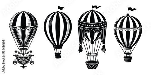 Hot Air Balloon Illustration, Flat Vector Icons Set Featuring Vintage Balloon Graphics Collection Perfect for Travel, Adventure, Tourism, and Creative Design Projects.