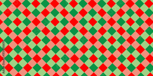 Christmas rhombus seamless pattern. Red and green xmas plaid texture with gold line. Argyle geometric diamond pattern. Christmas abstract wrapping bg. Vector illustration isolated on white background