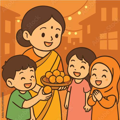Aunty in yellow saree-style distributing ladoo to neighborhood kids