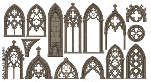 Gothic Cathedral Arch Borders and Stone Tracery Vector Frames