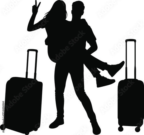 Black silhouette of a joyful young couple with suitcases celebrating a vacation for romantic travel honeymoon departure tourism and happy relationship lifestyle concepts.