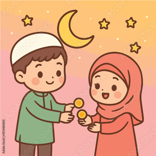 A small Muslim boy in a green kurta giving Eidi coins to his little sister