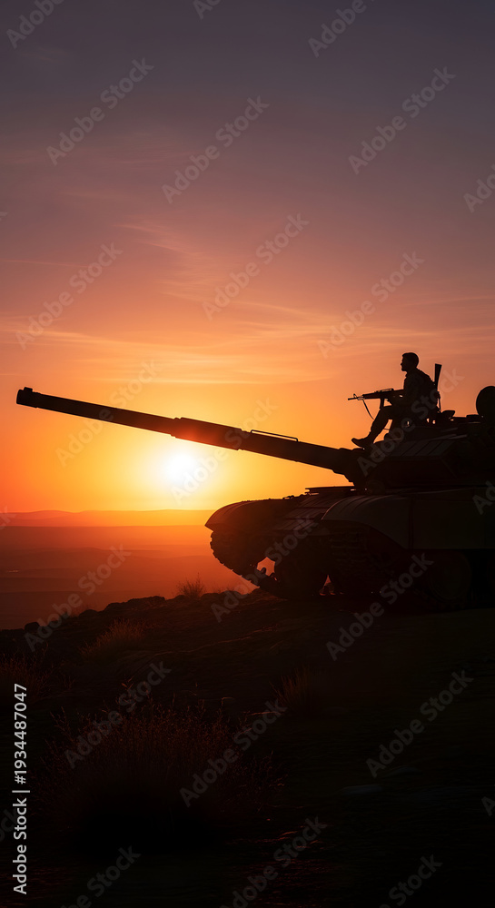 Naklejka premium Silhouette of a military tank with a soldier on top against a vibrant sunset sky, symbolizing power and vigilance