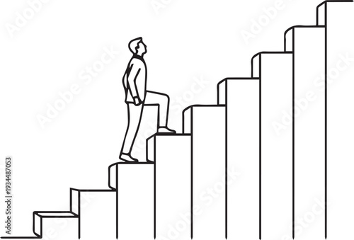 A person climbing upward on a series of ascending steps symbolizing progress and growth