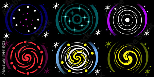 Colorful spiral and circular designs with stars on a black background