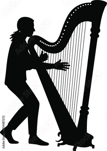 Black silhouette of a professional female musician playing a large classical harp for orchestral music performance live entertainment and artistic talent lifestyle concepts.