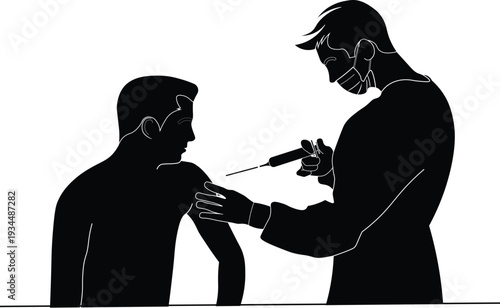 Silhouette of a doctor wearing a face mask injecting a patient that is sited. doctor and patient vector.