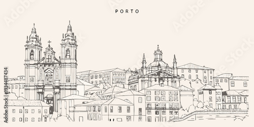 Sketch of porto cityscape with prominent church and riverside buildings