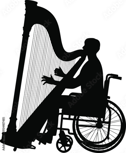 Black silhouette of a professional musician in a wheelchair playing a classical harp for inclusive performing arts disability empowerment and orchestral music entertainment concepts.