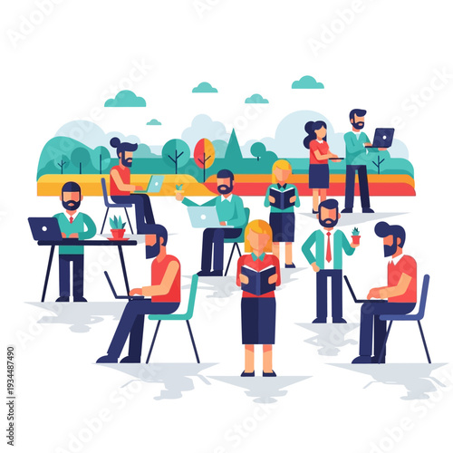 Diverse team working outdoors in a park, using laptops and reading books