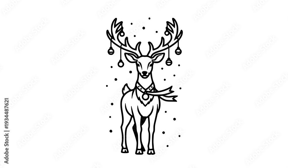 Obraz premium Festive Christmas reindeer with decorated antlers vector illustration isolated on white background