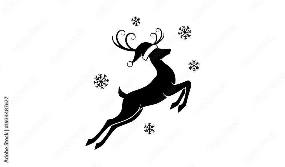 Fototapeta premium Minimal leaping Christmas reindeer with Santa hat flat vector illustration isolated on white background