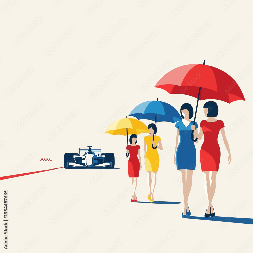 Obraz premium Formula 1 Race Car Speeding Past Women with Umbrellas on Track