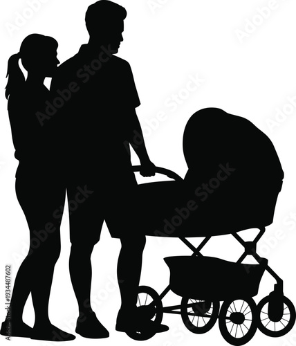 Black silhouette of a young couple pushing a baby stroller for new parenthood family life childcare nursery and healthy outdoor walking lifestyle concepts.