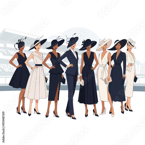 Elegant Women in Fashionable Hats and Dresses at a Racecourse Event