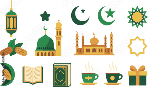 Flat design Islamic icon set with mosque, crescent moon, lantern, Quran, dates, Ramadan symbols, vector illustration collection