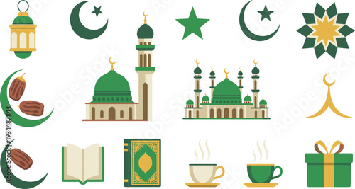 Flat Islamic icon collection with mosque, crescent moon, lantern, Quran, dates, Ramadan symbols, green gold vector illustration