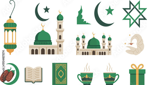 Flat Islamic icon set with mosque, crescent moon, lantern, Quran, dates, Ramadan symbols, green vector illustration collection