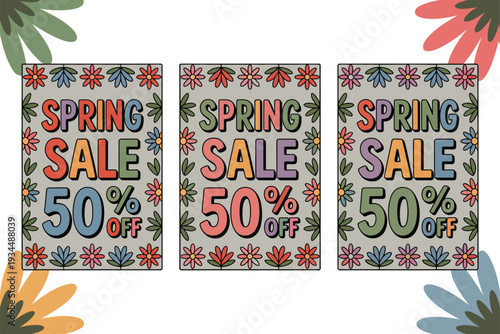 Spring sale colorful posters with 50 percent off discount in floral design