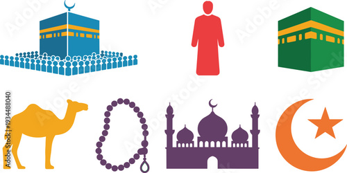 Islamic symbols and culture illustration, Kaaba mosque crescent star camel prayer beads Muslim community flat design vector artwork