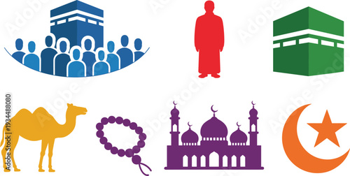 Islamic symbols and culture illustration, Kaaba mosque crescent star camel prayer beads Muslim community flat design vector artwork