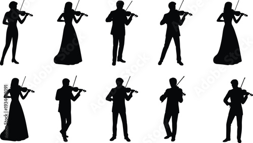 Black silhouette illustration set of eight violin players, diverse postures, formal and casual attire, musical performance, orchestra, cultural expression vector design