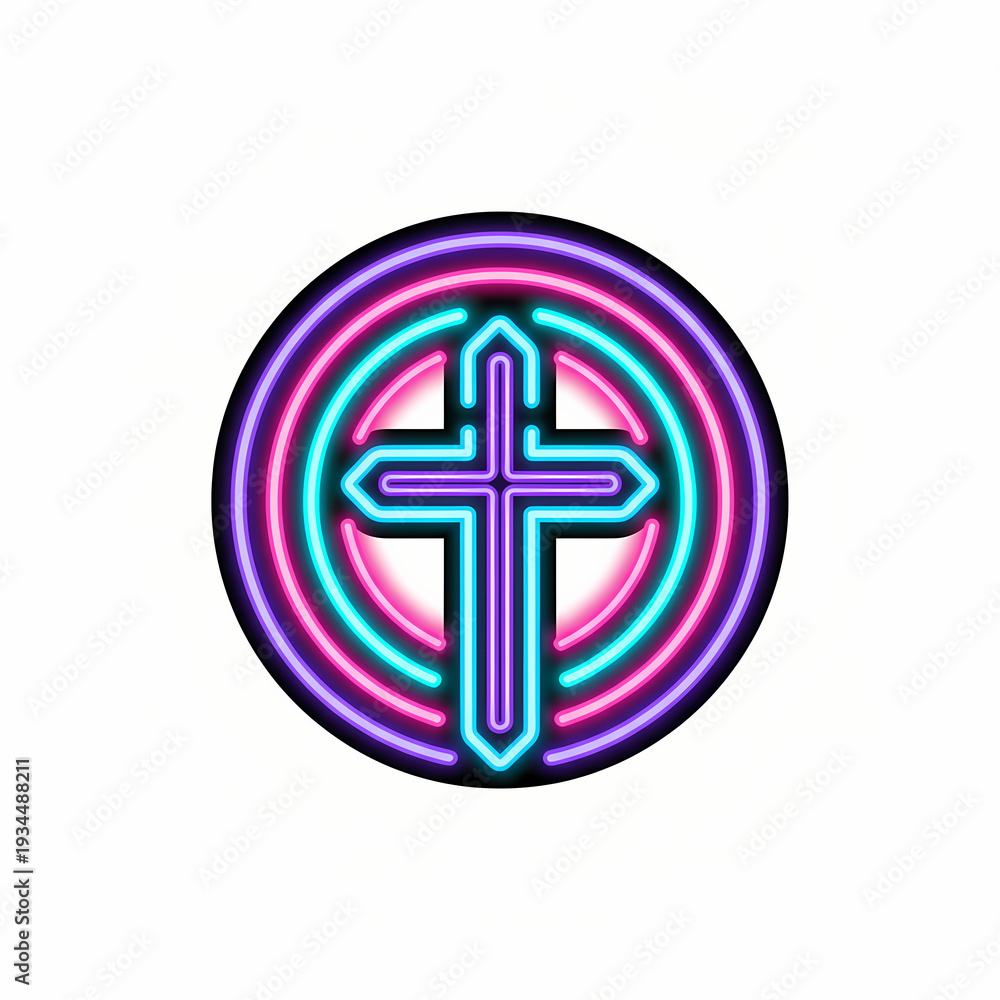 Obraz premium Glowing neon Christian cross sign with vibrant pink and blue circles