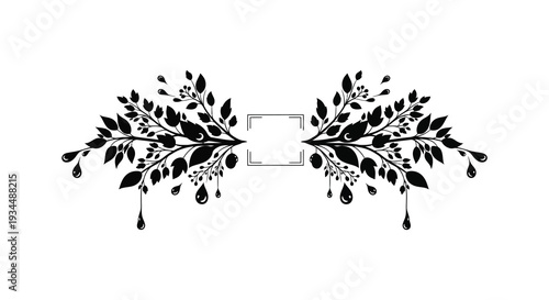 An elegant floral frame design featuring symmetrical branches with leaves and delicate droplets a striking silhouette high quality