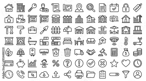 Set of 100 Real Estate and Home Property Line Icons Vector
