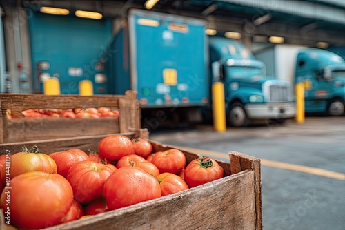 Fresh Tomatoes in Wooden Crates at a Distribution Center Loading Dock.