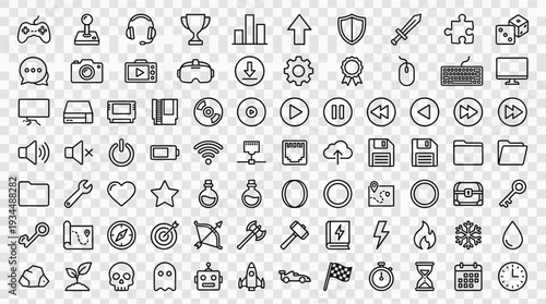 Set of 100 Black Outline Gaming and Technology Icons Vector