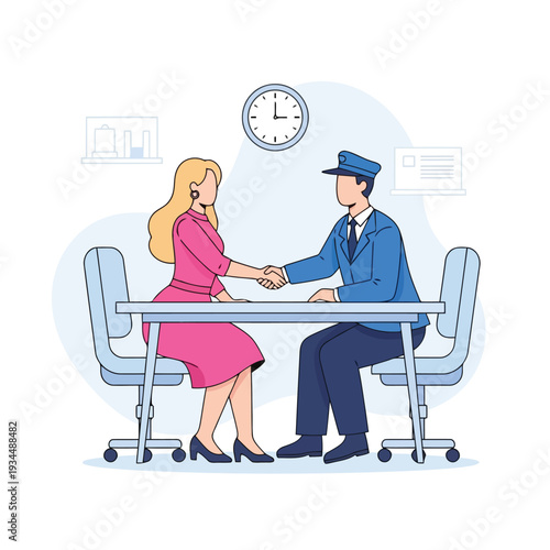 A man in a police uniform and a woman in a pink dress shake hands across a table in an office setting, symbolizing agreement and partnership