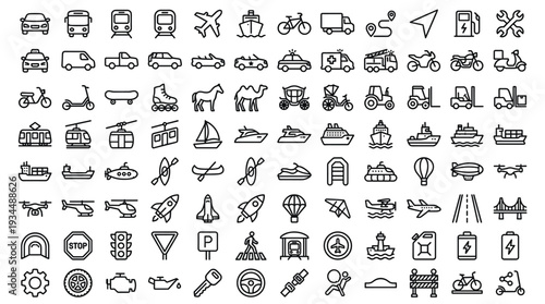 Set of 100 Black Outline Transportation Vehicle and Traffic Sign Icons Vector